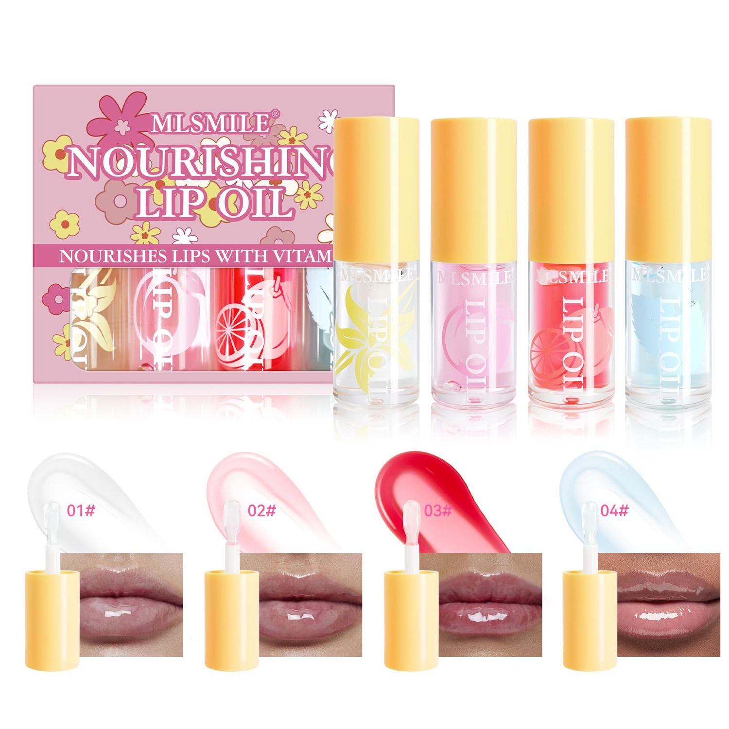 Gireatick Hydrating Lip Oil, 4Pcs Plumping Lip Glow Oil Set, Fruit Extract Lip Oil Set Tinted for Dry Lip, Shiny and Moisturizing Transparent Lip Gloss