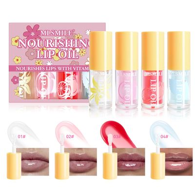 Gireatick Hydrating Lip Oil, 4Pcs Plumping Lip Glow Oil Set, Fruit Extract Lip Oil Set Tinted for Dry Lip, Shiny and Moisturizing Transparent Lip Gloss