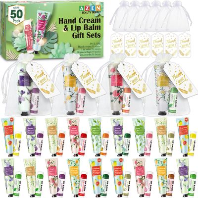 AZEN 50 Sets Bulk Gifts, Hand Cream and Lip Balm Bulk Set with Organza Bag Thank You Card, Baby Shower Wedding Gifts for Guests, Bridal Wedding Favors for Guests, Thank You Gifts for Women
