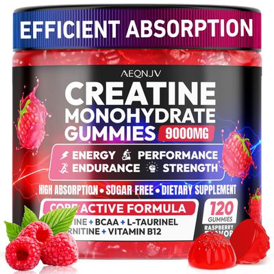 Creatine Gummies Monohydrate Complex 9000MG, Pre-Workout Supplement for Men &amp; Women, Creatine Supplement with L-Taurine, BCAA 2:1, B12/6 for Muscle Support, Enhance Strength, Energy Boost-120 Count