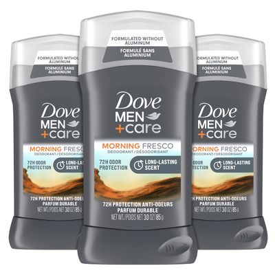 DOVE MEN CARE Deodorant Stick For Men Morning Fresco Aluminum Free 72-Hour Odor Protection Mens Deodorant With Essential Oils &amp; 1/4 Moisturizing Cream, 3 Ounce (Pack of 3)