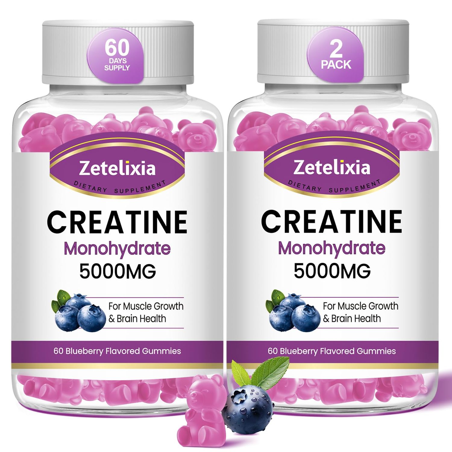 Zetelixia 2 Pack Creatine Monohydrate Gummies 5g for Men &amp; Women, Chewables Creatine Monohydrate for Muscle Strength &amp; Muscle Builder, Vitamin B12 for Energy Support, Blueberry Flavor, 120 Count