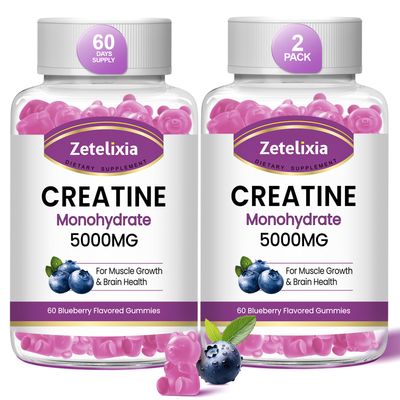 Zetelixia 2 Pack Creatine Monohydrate Gummies 5g for Men &amp; Women, Chewables Creatine Monohydrate for Muscle Strength &amp; Muscle Builder, Vitamin B12 for Energy Support, Blueberry Flavor, 120 Count