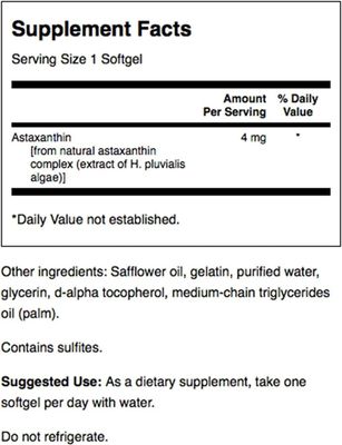 Swanson Astaxanthin Eye Vision Brain Skin Health Antioxidant Support Supplement (Astaxanthin 4 mg) 60 Softgels Sgels