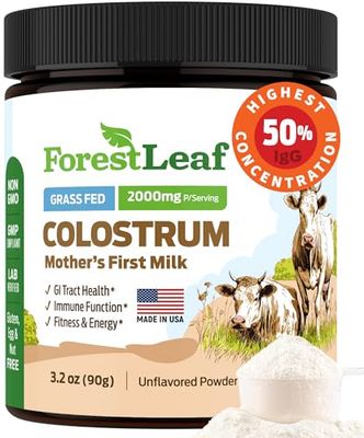 ForestLeaf Colostrum Powder 50 IgG Highest Pure Concentration, Grass Fed Colostrum Supplement for Gut Health, Immune Support and Muscle Recovery, Bovine Colostrum for Humans, Unflavored, 45 Servings