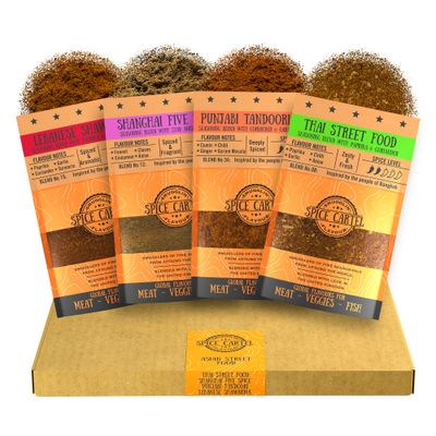 Spice Cartel&#39;s Asian Street Food Collection of Artisanal Herb &amp; Spice Blends from Across Asia. Hand Made Grilling Gifts For Dad From The UK. 4 35g Resealable Pouches.