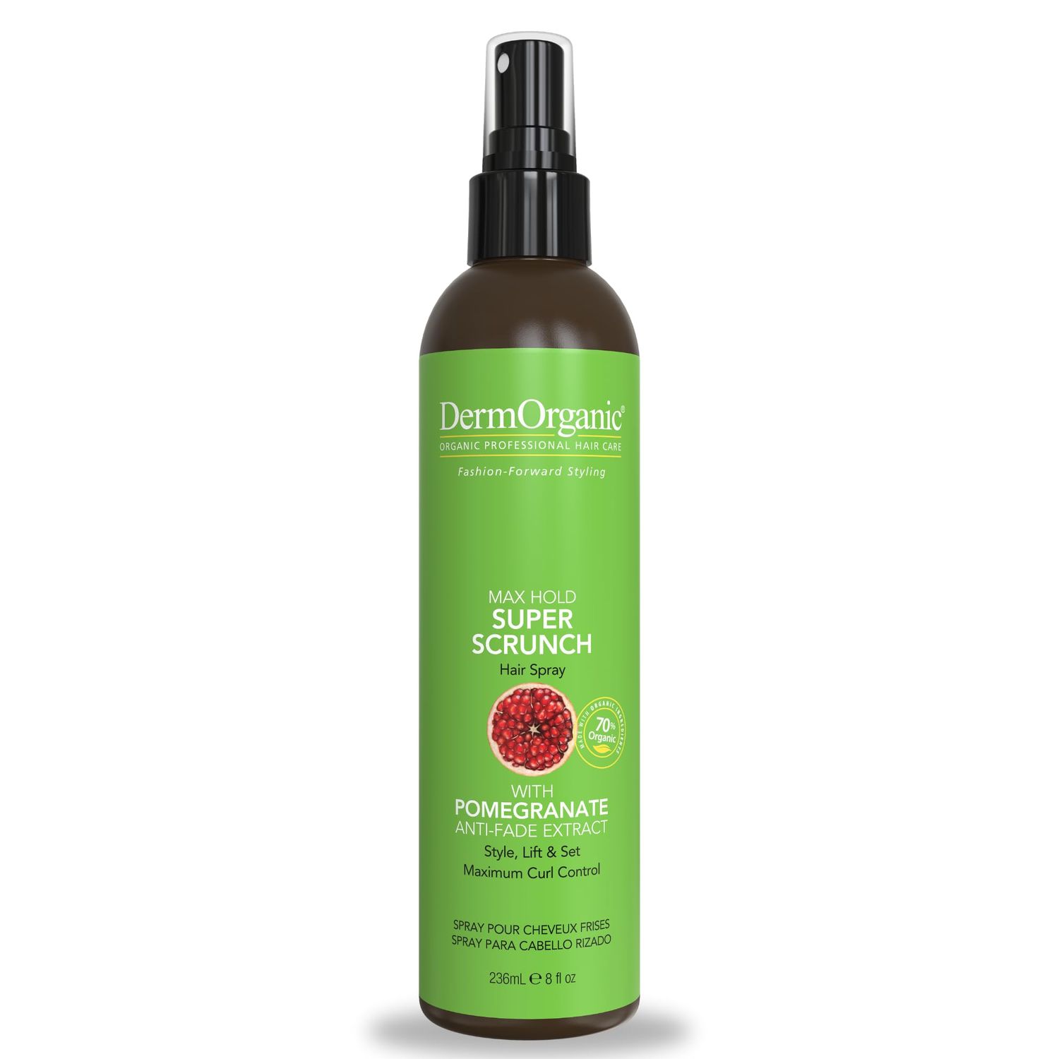DermOrganic Max Hold Super Crunch Hair Spray, Fast Drying, Weightless, Anti Fade and Curl Control Ingredients-8 fl oz