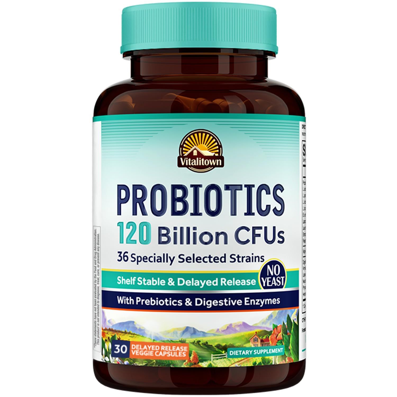 VITALITOWN Probiotics 120 Billion CFUs | 36 Strains, with Prebiotics &amp; Digestive Enzymes for Men Women | Shelf Stable | Digestive Health &amp; Immune Support | Vegan, Non-GMO | 30 Delayed Release Veg Caps