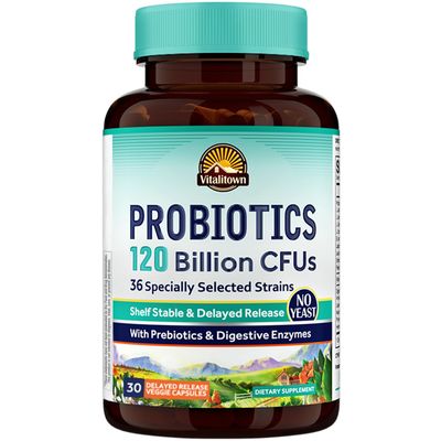 VITALITOWN Probiotics 120 Billion CFUs | 36 Strains, with Prebiotics &amp; Digestive Enzymes for Men Women | Shelf Stable | Digestive Health &amp; Immune Support | Vegan, Non-GMO | 30 Delayed Release Veg Caps