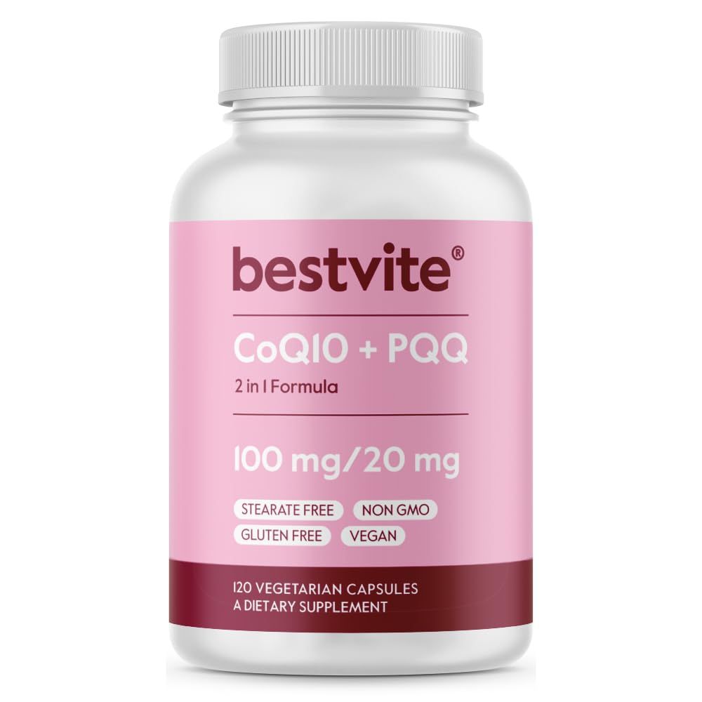 BESTVITE Coq10 100mg w/PQQ 20mg (120 Veggie Caps) - No Stearates - Vegan - Non GMO - Gluten Free - Coq10 with PQQ