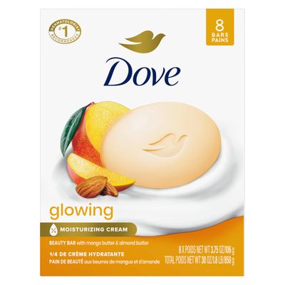 Dove Beauty Bar Soap Glowing Mango &amp; Almond Butters, 8 Bars for Radiant Skin, Illuminates Skin 3.75 oz