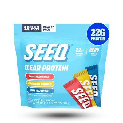 SEEQ Clear Protein Powder Sample Pack - 18 On-The-Go Sticks - 22g Clear Whey Protein Isolate - Zero Sugar - 0g Lactose - Allergen Friendly - GLP1 Support - Bone Health - Post Workout Recovery