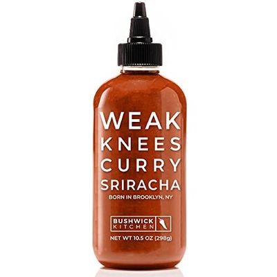 Weak Knees Curry Sriracha Hot Sauce | 10.5 Ounce Easy Squeeze Bottle | Classic Sriracha mixed with Korean Gochujang Chili Paste infused with Curry Spices | Foodie Gifts, Hot Sauce Gifts, Unique Gifts