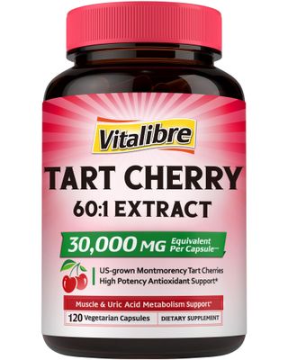 Vitalibre Tart Cherry Capsules, 500 mg Extract, Concentrated 60:1 Extract, 30000 mg Strength, Montmorency Tart Cherries, Uric Acid Balance, Muscle, Sleep Support, Non-GMO, 120 Vegan Capsules