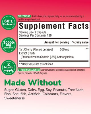 Vitalibre Tart Cherry Capsules, 500 mg Extract, Concentrated 60:1 Extract, 30000 mg Strength, Montmorency Tart Cherries, Uric Acid Balance, Muscle, Sleep Support, Non-GMO, 120 Vegan Capsules