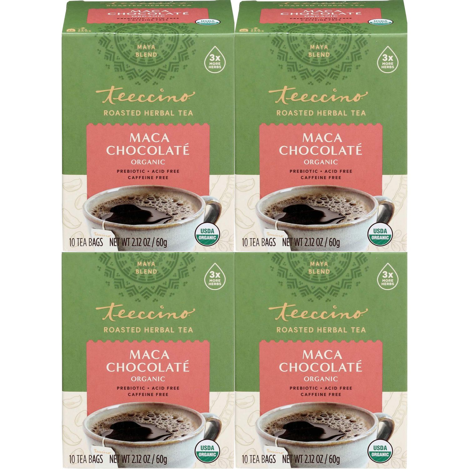 Teeccino Herbal Tea - Maca Chocolat - Adaptogenic Peruvian Maca, Cacao, Chicory, Prebiotic, Caffeine Free, Acid Free, Coffee Alternative (10 Count (Pack of 4))