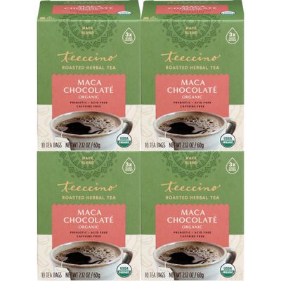 Teeccino Herbal Tea - Maca Chocolat - Adaptogenic Peruvian Maca, Cacao, Chicory, Prebiotic, Caffeine Free, Acid Free, Coffee Alternative (10 Count (Pack of 4))