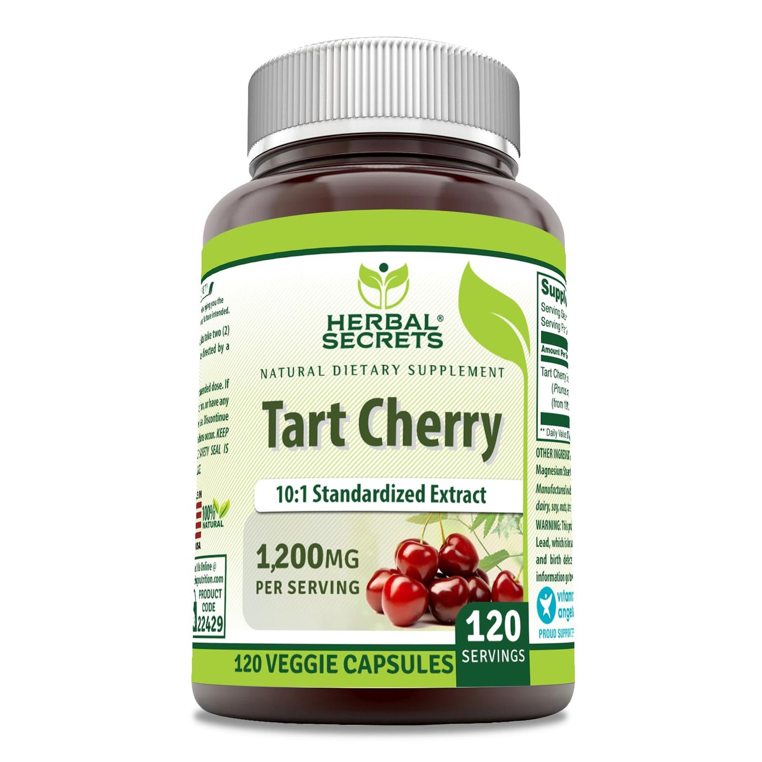 Herbal Secrets Tart Cherry 10:1 Standardized Extract Supplement | 1200 Mg Per Serving | 120 Veggie Capsules | Non-GMO | Gluten Free | Made in USA (1 Pack, 120)