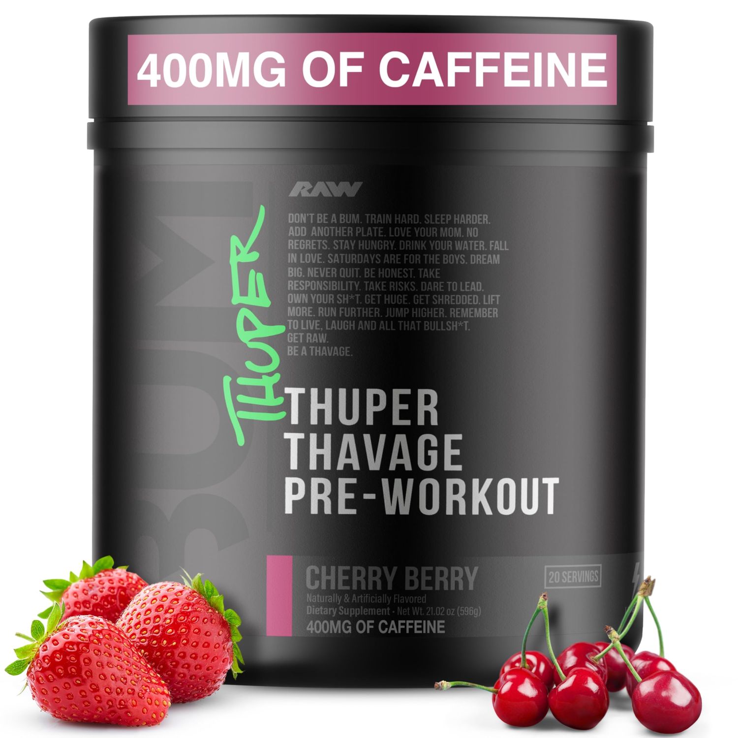 RAW Thuper Thavage Pre Workout Powder - High-Stim Preworkout with Creatine, Beta Alanine, L-Citrulline &amp; Caffeine - Chris Bumstead Gym &amp; Fitness Supplement for Men &amp; Women - Cherry Berry
