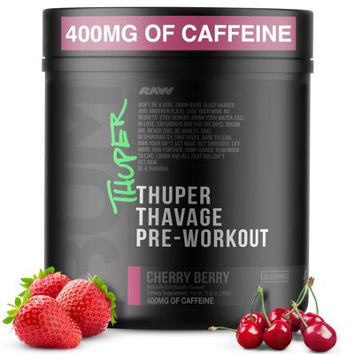 RAW Thuper Thavage Pre Workout Powder - High-Stim Preworkout with Creatine, Beta Alanine, L-Citrulline &amp; Caffeine - Chris Bumstead Gym &amp; Fitness Supplement for Men &amp; Women - Cherry Berry