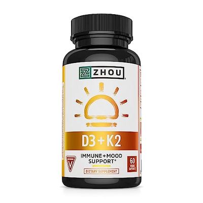 Zhou D3K2 - Vitamin D3 K2 Supplement for Women &amp; Men, Immune Support Vit D3 and K2 Supplements, Pure Vegetarian Formula with 5000 IU of D3 and MK-7 - 60 Veggie Capsules (Pack of 1)