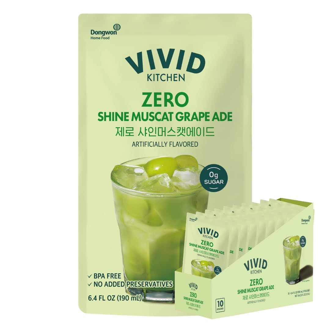 VIVID KITCHEN Korean Grape Ade - Shine Muscat Flavor - Zero Sugar, Zero Calories - 6.4 fl oz (10 Pouches) - No Preservatives or Corn Syrup - Natural Korean Drink for Hydration &amp; Refreshment
