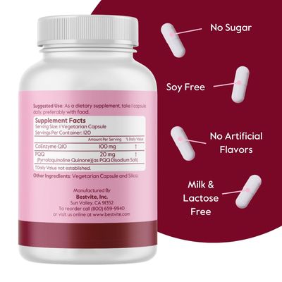 BESTVITE Coq10 100mg w/PQQ 20mg (120 Veggie Caps) - No Stearates - Vegan - Non GMO - Gluten Free - Coq10 with PQQ