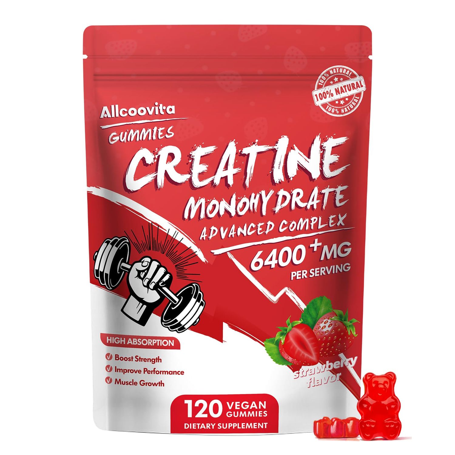 Creatine Monohydrate Gummies Complex for Men &amp; Women - 120 Gummies Advanced Formula, L-Taurine Vitamin B12 for Muscle Strength, Muscle Builder, Energy Boost, Pre-Workout Supplement-Strawberry