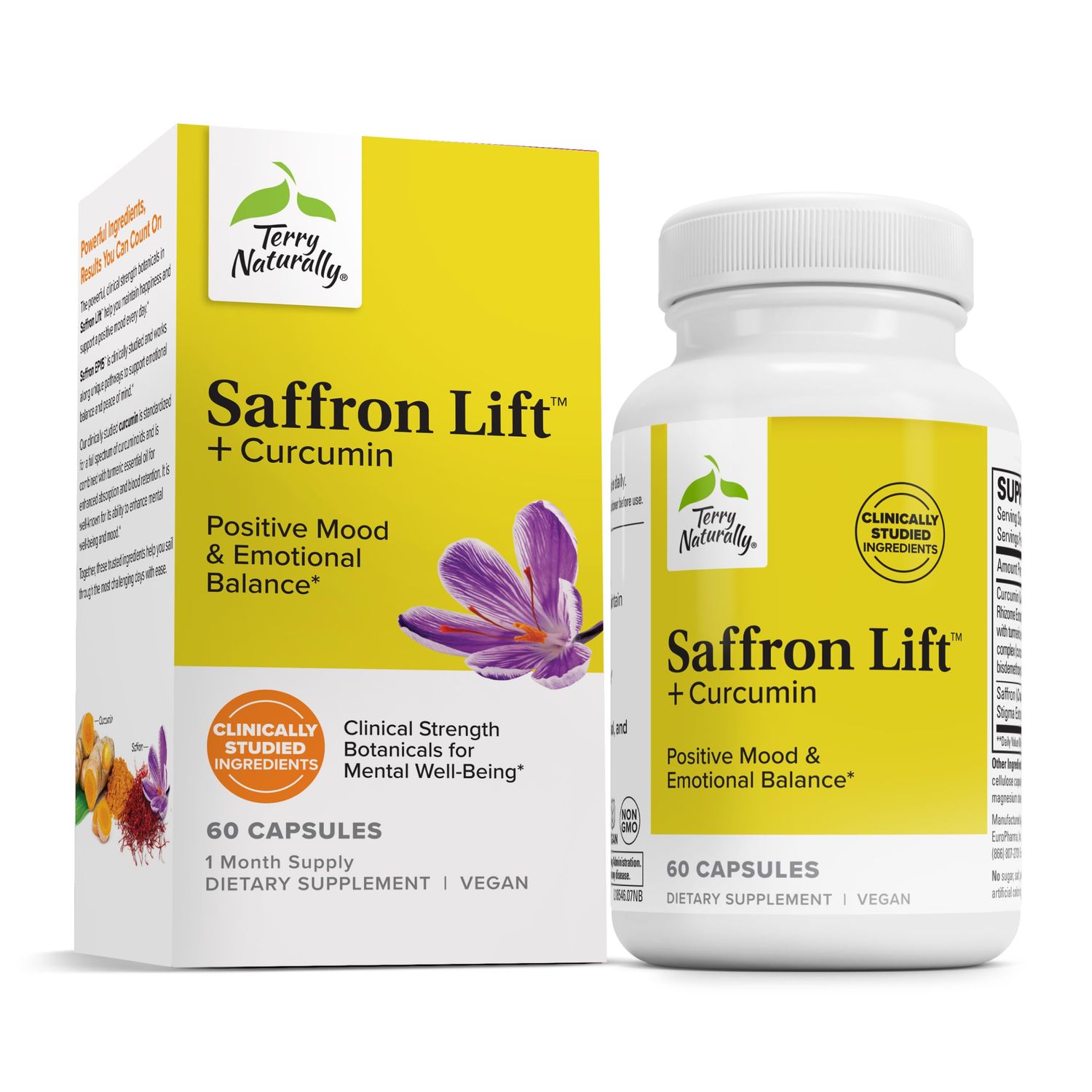 Terry Naturally Saffron Lift Curcumin - Herbal Supplement with Curcumin - Non-GMO Saffron &amp; Brain Curcumin Capsules - Concentration &amp; Relaxation Support Supplement - 60 Capsules