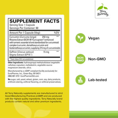 Terry Naturally Saffron Lift Curcumin - Herbal Supplement with Curcumin - Non-GMO Saffron & Brain Curcumin Capsules - Concentration & Relaxation Support Supplement - 60 Capsules