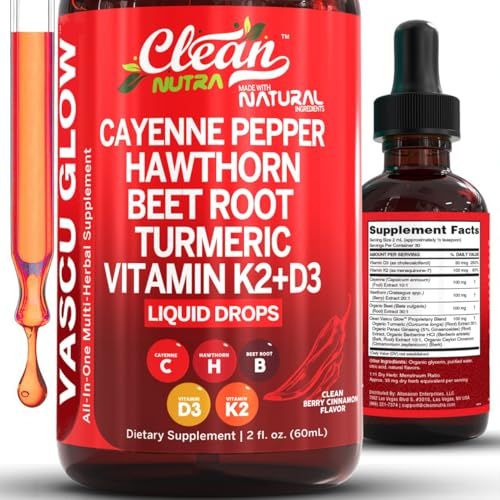 Clean Nutra Cayenne Pepper Drops Supplement Liquid Hawthorn Berry, Vitamin D3 K2 Beet Root Powder, Ceylon Cinnamon, Turmeric Curcumin, Organic Panax Ginseng, Berberine Extract 1 Pack