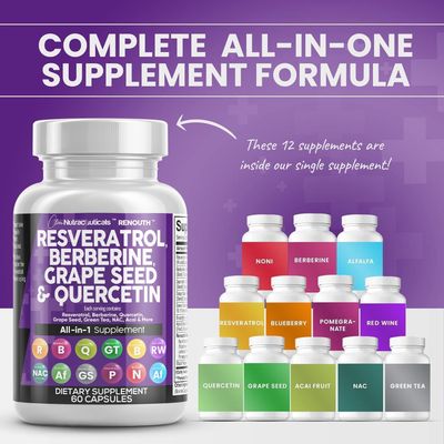 Clean Nutraceuticals Resveratrol Berberine Grape Seed Extract Quercetin Green Tea Extract Polyphenol Supplement for Women &amp; Men N-Acetyl Cysteine, Acai Extract - 2Pack