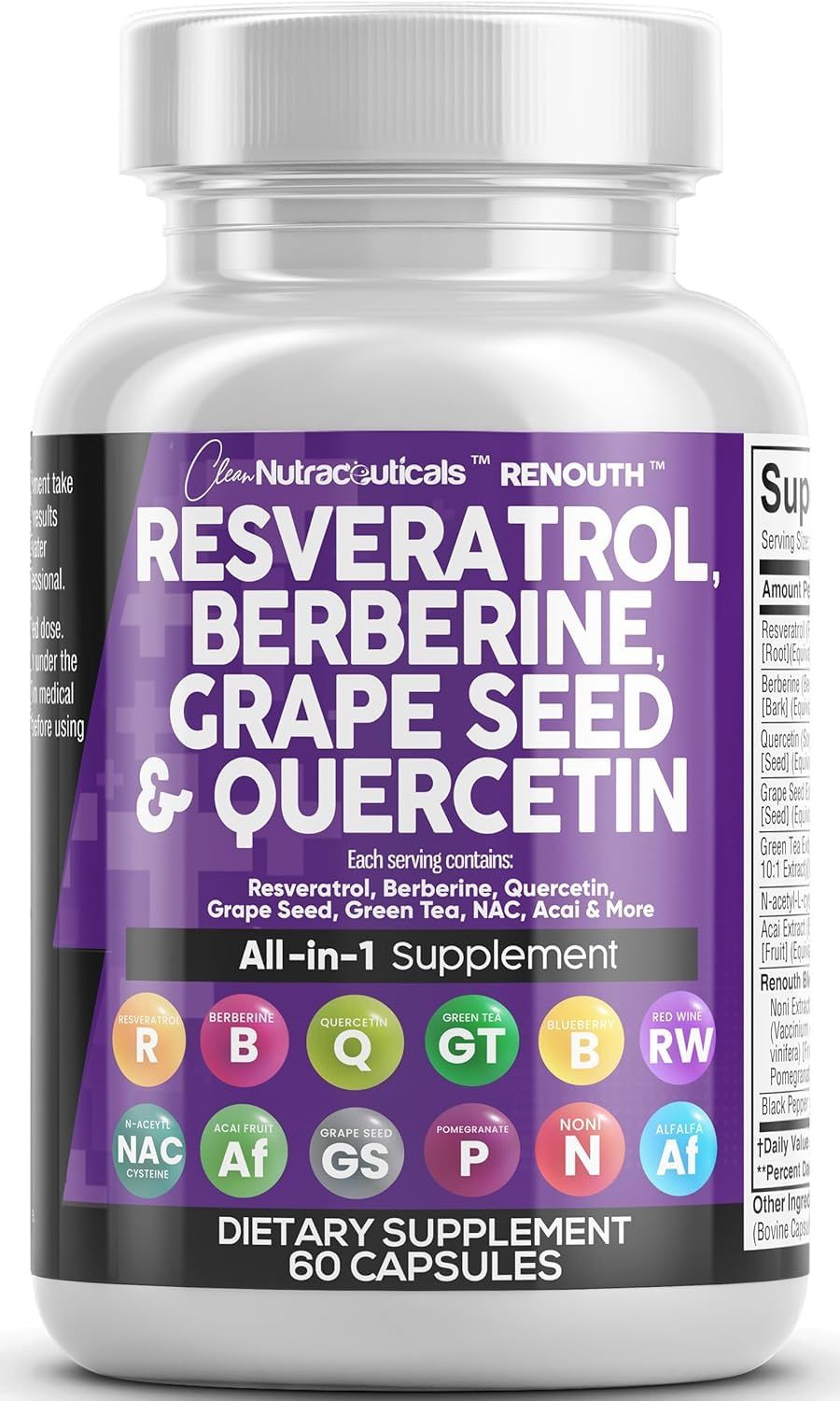 Clean Nutraceuticals Resveratrol Berberine Grape Seed Extract Quercetin Green Tea Extract Polyphenol Supplement for Women &amp; Men N-Acetyl Cysteine, Acai Extract - 2Pack