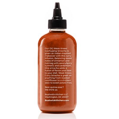Weak Knees Curry Sriracha Hot Sauce | 10.5 Ounce Easy Squeeze Bottle | Classic Sriracha mixed with Korean Gochujang Chili Paste infused with Curry Spices | Foodie Gifts, Hot Sauce Gifts, Unique Gifts