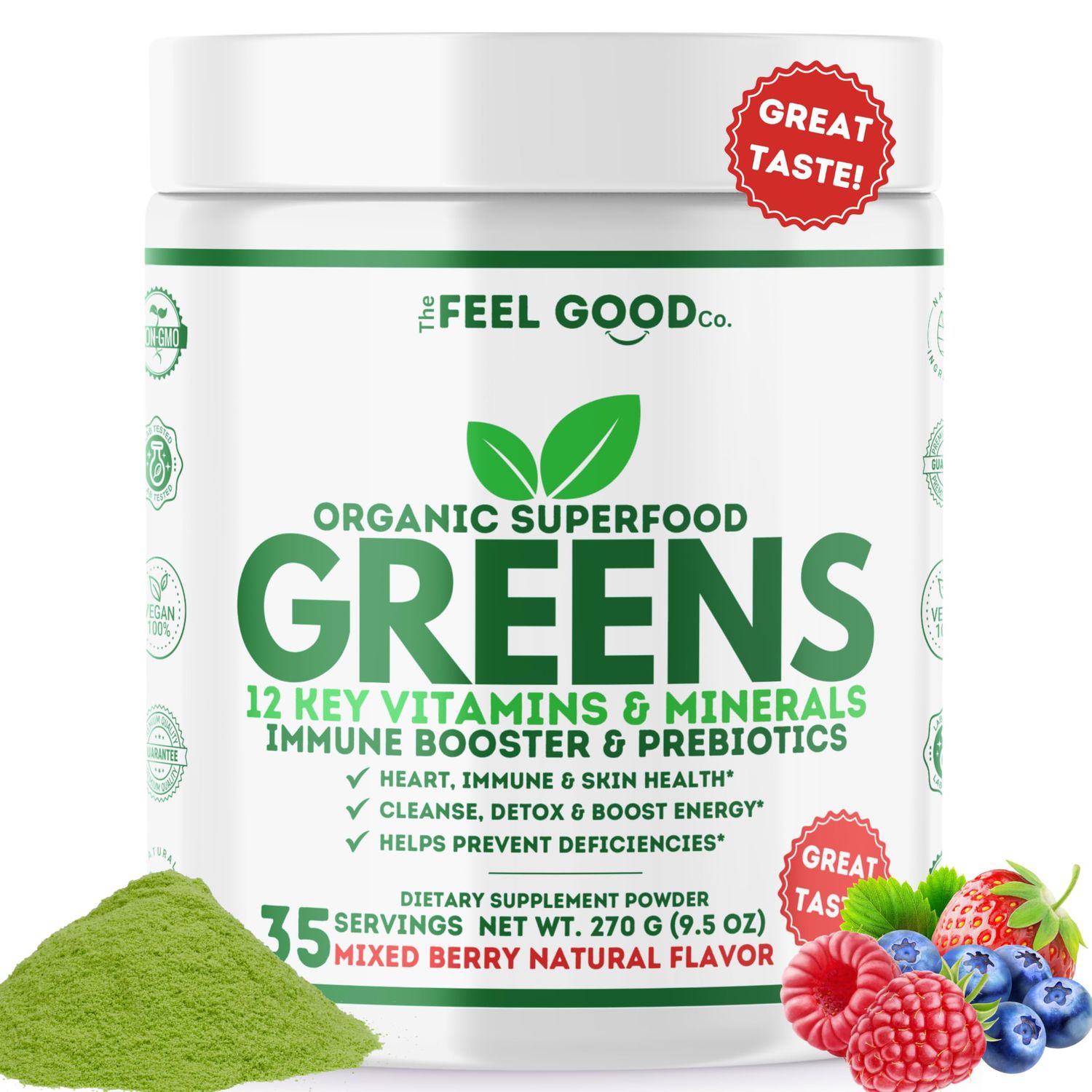 The Feel Good Super Greens Powder - Organic Green Juice, Wheat Grass No Added Sugar, Spirulina, Chlorella, Probiotics, Digestive Enzyme, Antioxidant Rich, Immunity Boost Green Superfood, 35 SVG, Daily