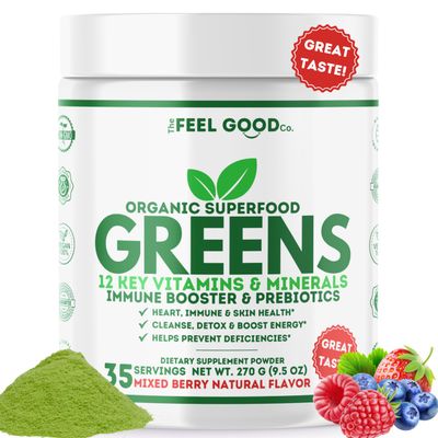 The Feel Good Super Greens Powder - Organic Green Juice, Wheat Grass No Added Sugar, Spirulina, Chlorella, Probiotics, Digestive Enzyme, Antioxidant Rich, Immunity Boost Green Superfood, 35 SVG, Daily