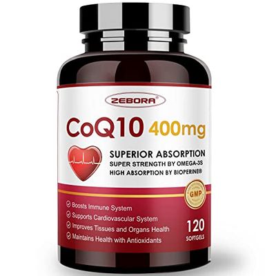 ZEBORA CoQ10-400mg-Softgels with PQQ, BioPerine &amp; Omega-3, Coenzyme Q10(Ubiquinone) Supplement for High-Absorption, Powerful-Antioxidant, Support Heart &amp; Energy-Production, 120 Servings