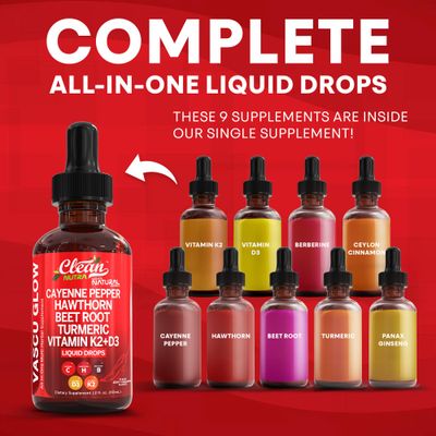 Clean Nutra Cayenne Pepper Drops Supplement Liquid Hawthorn Berry, Vitamin D3 K2 Beet Root Powder, Ceylon Cinnamon, Turmeric Curcumin, Organic Panax Ginseng, Berberine Extract 1 Pack