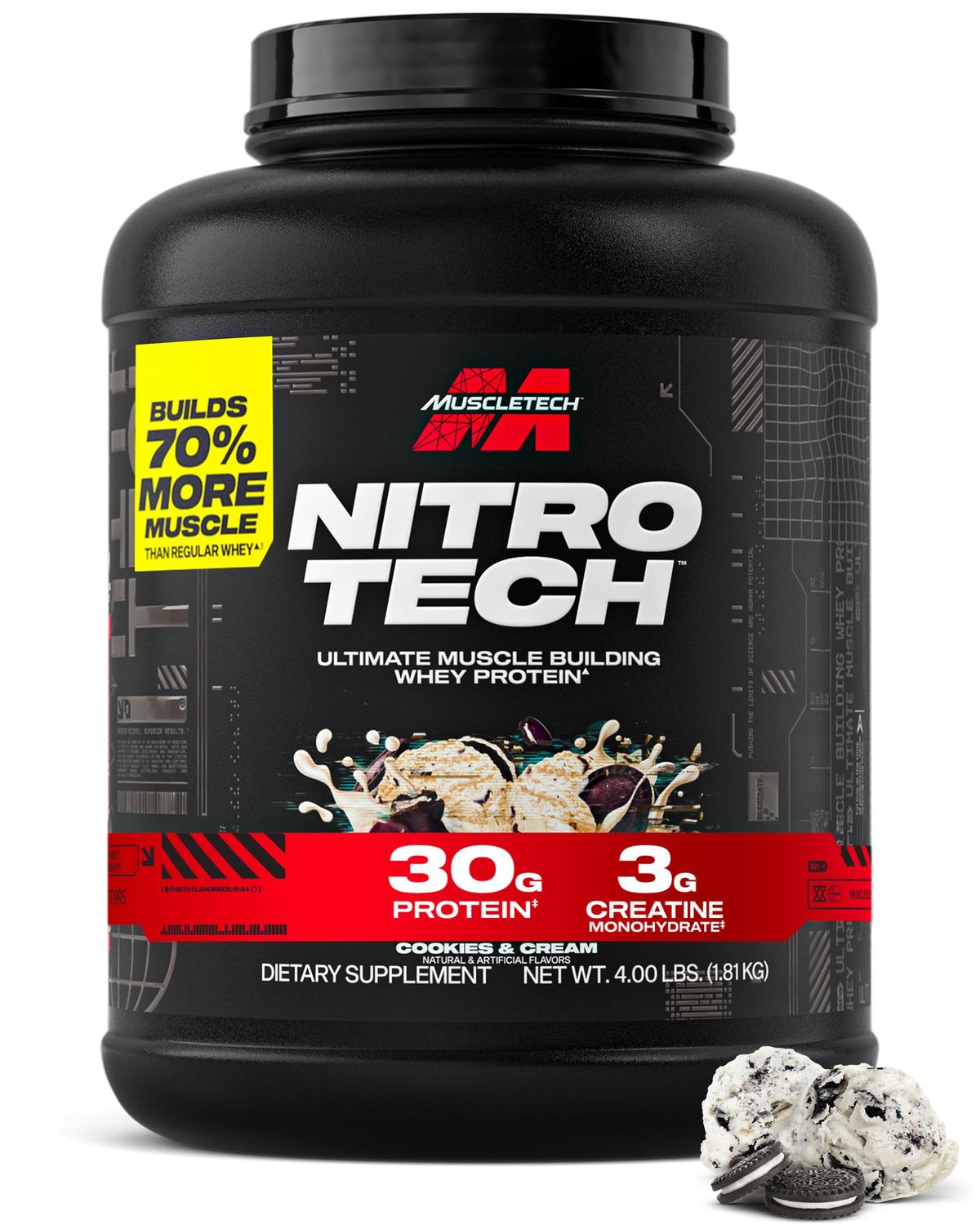 Muscletech Whey Protein Powder (Cookies &amp; Cream, 4 Pound) - Nitro-Tech Ultimate Muscle Building Formula with Whey Protein Isolate &amp; Peptides - 30g of Protein, 3g of Creatine &amp; 6.8g of BCAA
