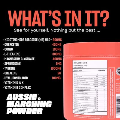 Aussie Marching Powder - NMN Supplement Alternative, Nicotinomide Riboside (NR) for NAD - CoQ10, L-Theanine, Creatine,15 Unique Ingredients| Energy &amp; Brain Focus|Tropical Fruit Flavor | 30-Day Supply