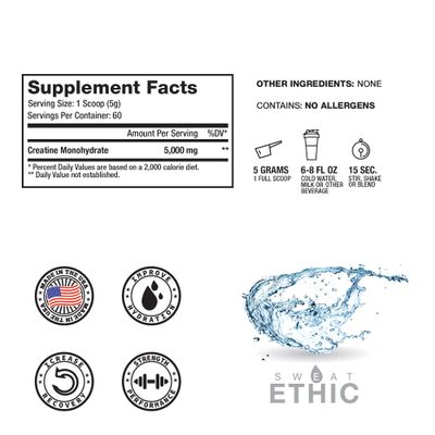Sweat Ethic Creatine Monohydrate, 5 G Creatine Per Serving, Unflavored, Supports Training & Strength, Easily Mixes with Water or Any Beverage, No Fillers, Workout Supplement for Men & Women, 60 Srvgs