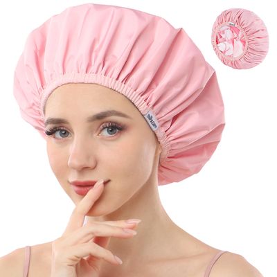 Years Calm Shower Caps For Women Reusable WaterproofPattern And Solid Color Dual-Layer Design For Dual-Layer UsableProtects Hair In Shower, Spa, Cooking, Clean &amp; Travel (Pink, One Size)