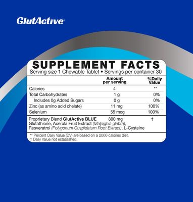 GlutActive Blue 800mg | Glutathione | Antioxidant, Increase Immunity &amp; Energy - Detox &amp; AntiAging, Cysteine, Selenium, Zinc, Resveratrol, Acerola (VIT-C). Chewable. 30ct