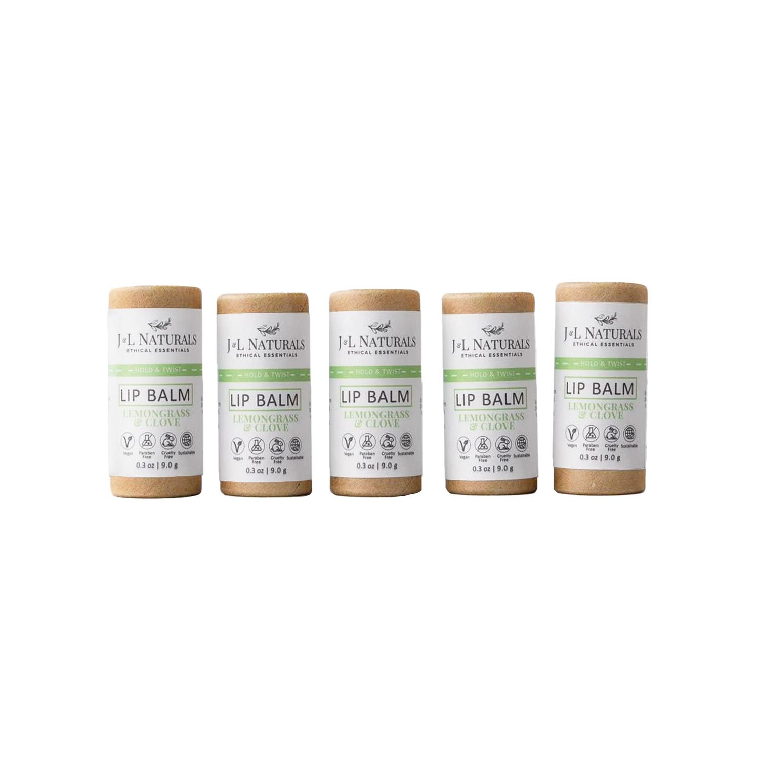 J&amp;L Naturals Sustainable Lip Balm | Organic Ingredients, 100 Natural, Eco-Friendly | Cruelty Free, Vegan, Paraben Free, Silicone Free (Lemongrass &amp; Clove, 5-Piece Bundle)