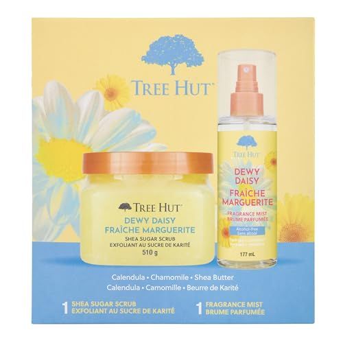 Tree Hut Dewy Daisy Gift Set | Exfoliating Body Scrub &amp; Hydrating Body Spray | Long-lasting Scent | Skin Care Bundle | Vegan | 18 &amp; 6 Fl oz.