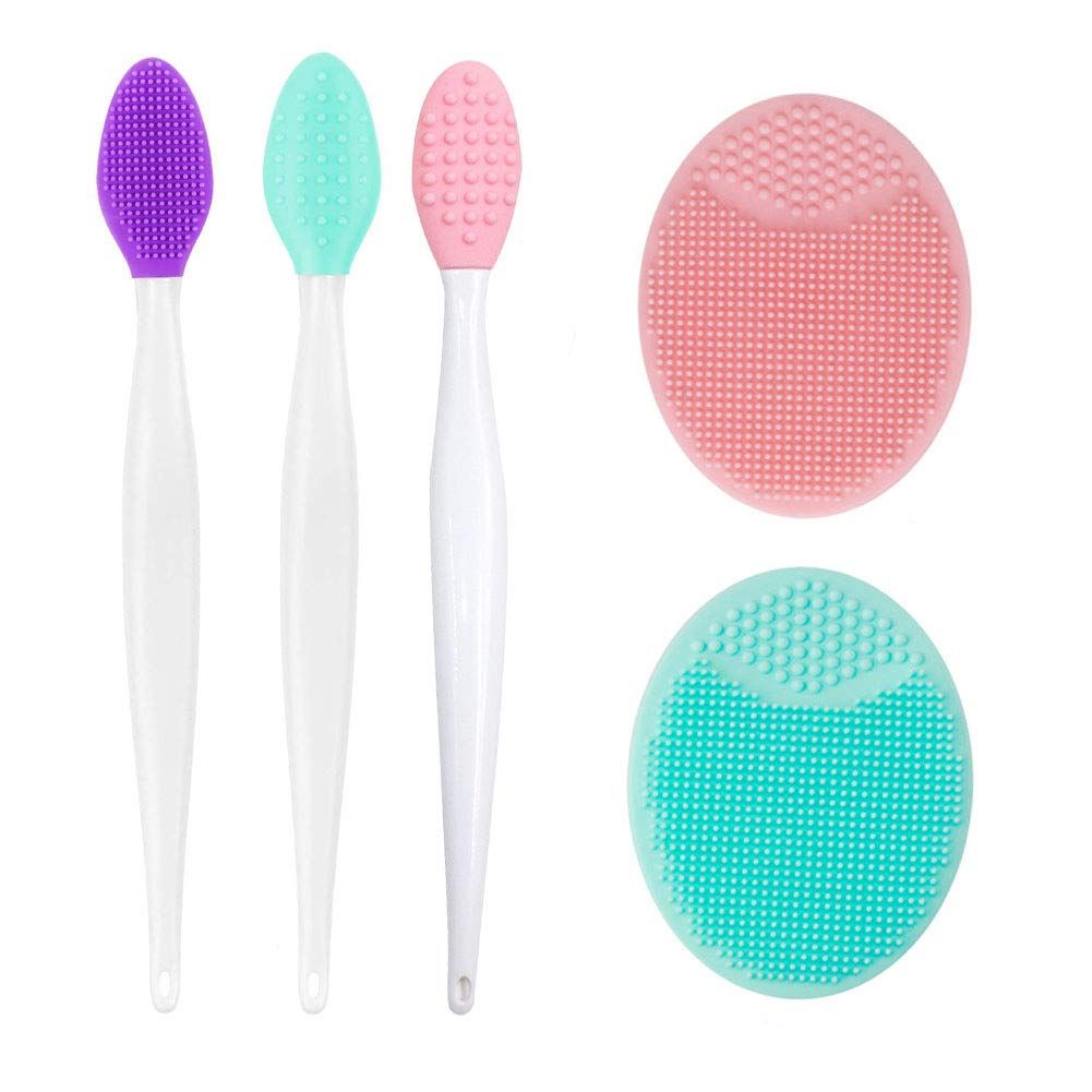 3PCS Silicone Exfoliating Lip Brush 2 in 1 Double-Sided Soft &amp; 2PCS Facial Cleaning Brushes Pad for Smoother and Fuller Lip Appearance Cleanning Blackhead
