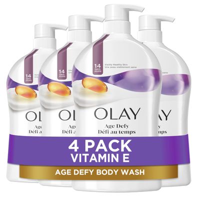 Olay Body Wash for Women, Age Defying with Vitamin E, 24hr Moisturizing, Hydrating &amp; Refreshing, B3 Vitamin Complex, Free of Parabens &amp; Phthalates, For All Skin Types, Scented, 33 fl oz (Pack of 4)