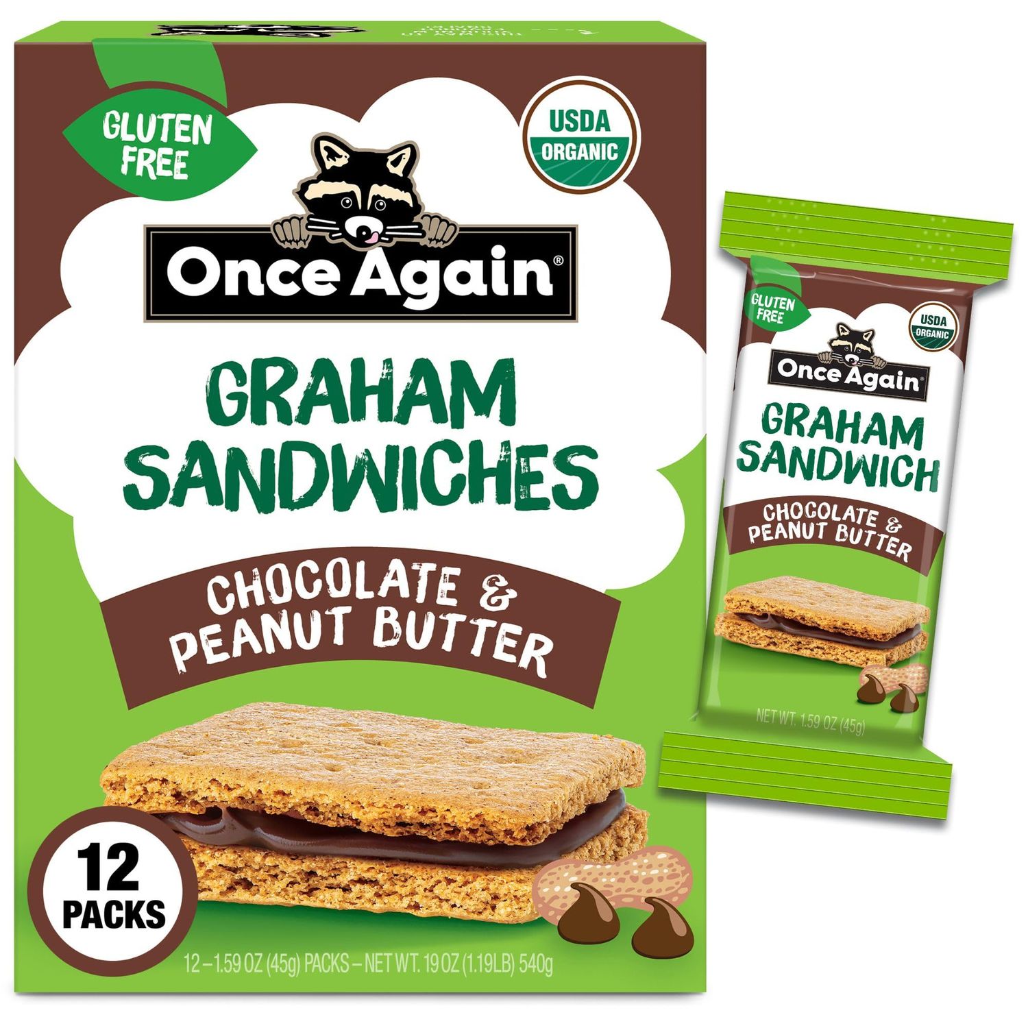 Once Again Chocolate Peanut Butter Graham Sandwiches - Organic, Gluten Free Graham Crackers with PB &amp; Dark Chocolate Filling - Gluten Free Snacks for Kids &amp; Adults - Dairy Free School Snacks, 12 Ct