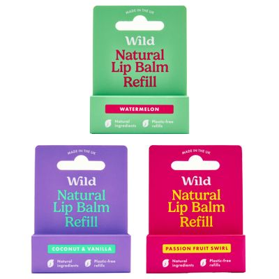Wild - Refillable Lip Balm - 3 Pack of Lip Balm Refills in a Variety of Scents - Includes Coconut &amp; Vanilla, Passionfruit Swirl &amp; Watermelon Flavors - Beeswax Free