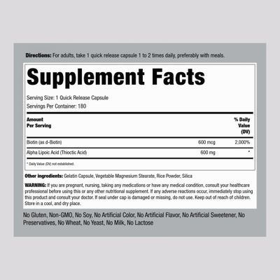 Piping Rock Alpha Lipoic Acid 600mg | 180 Capsules | Plus Biotin Optimizer | ALA Supplement | Non-GMO, Gluten Free